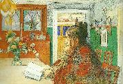 Carl Larsson karin laser-karin lasande-karin med rod schal oil painting on canvas